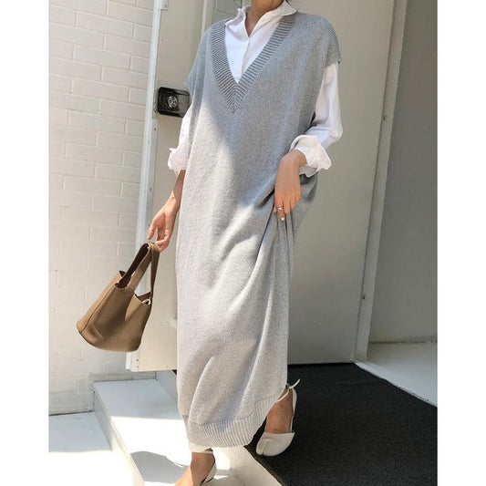 Meselling99 Knitting Loose V-Neck Sleeveless Long Dress-Maxi Dress-GRAY-FREE SIZE-Free Shipping at meselling99