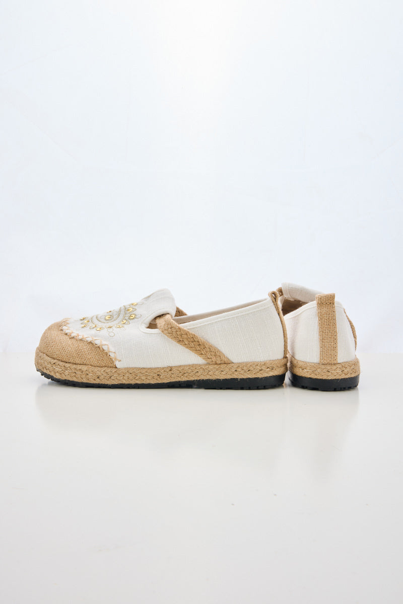 Blooming Moon Embroidered Linen Espadrilles - Cream