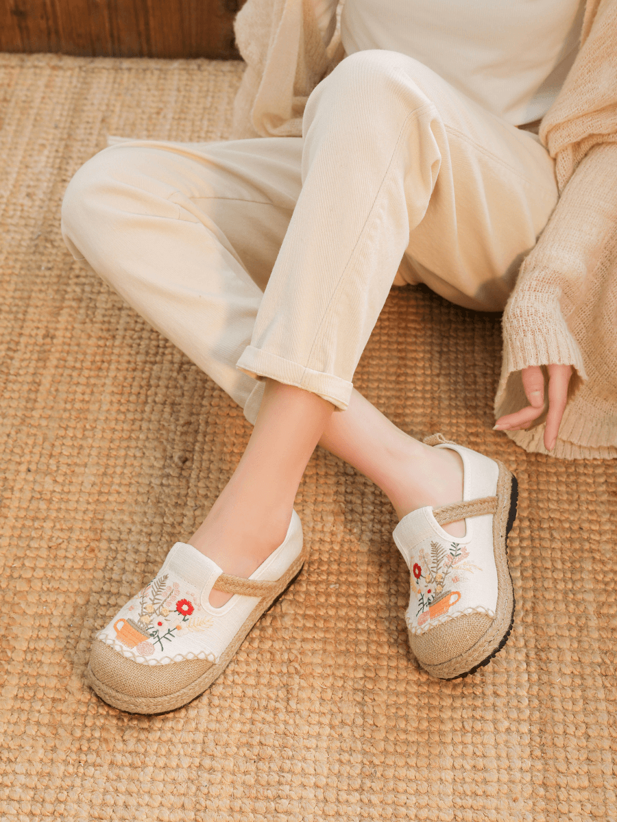 Gemma Floral Embroidered Linen Espadrilles - Cream