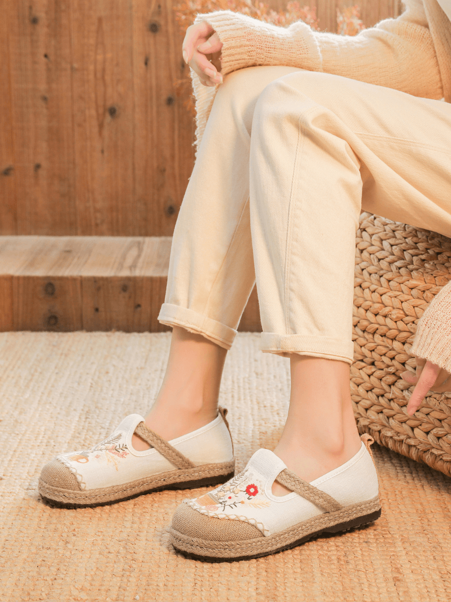 Gemma Floral Embroidered Linen Espadrilles - Cream