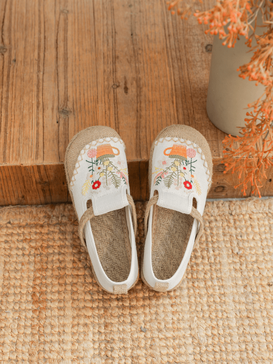 Gemma Floral Embroidered Linen Espadrilles - Cream