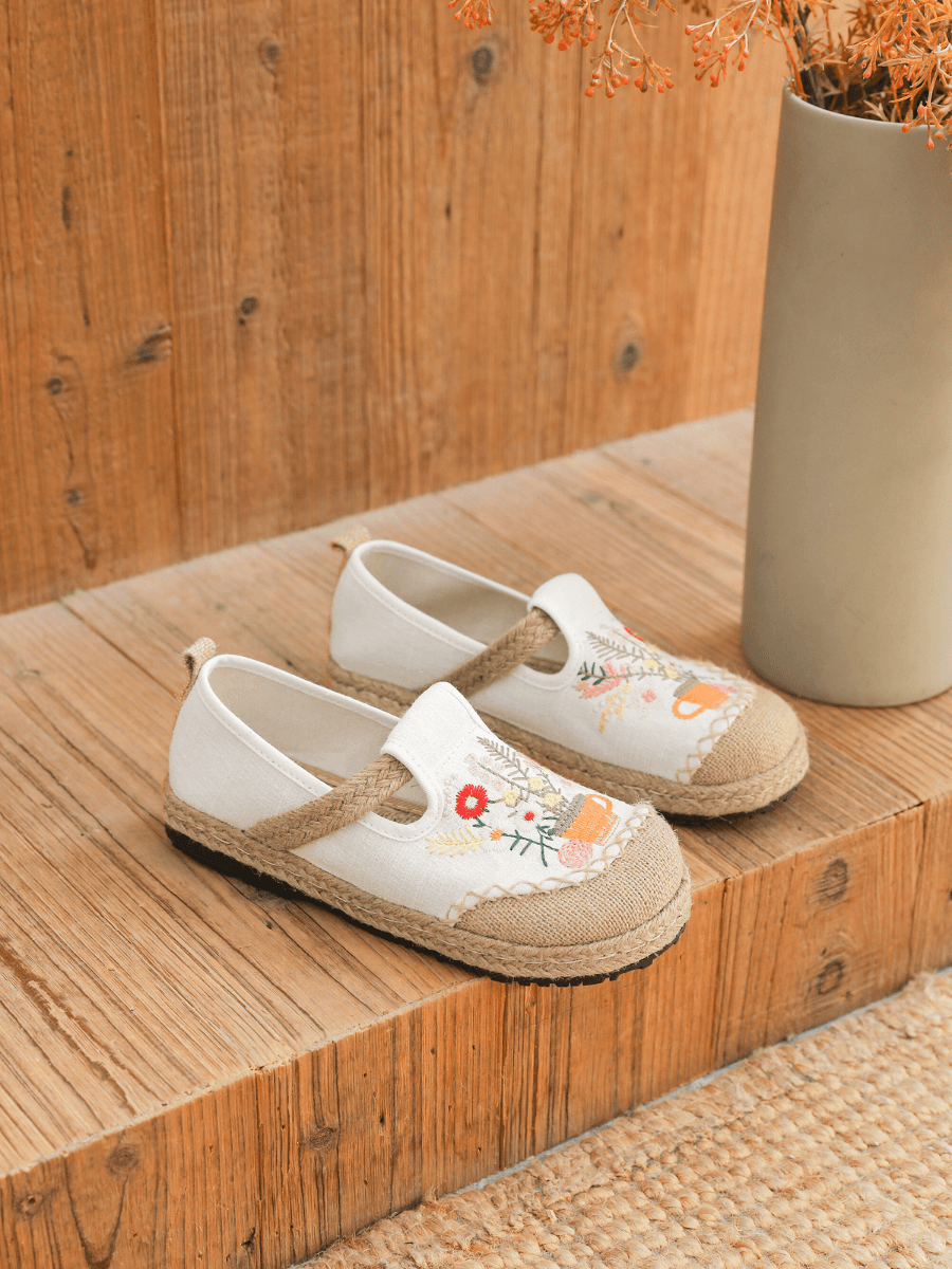 Gemma Floral Embroidered Linen Espadrilles - Cream