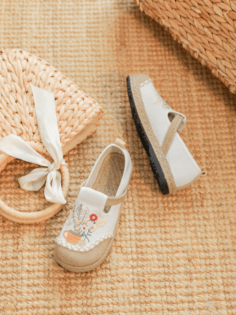 Gemma Floral Embroidered Linen Espadrilles - Cream