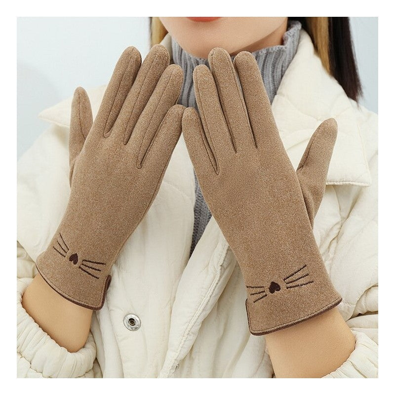 Lady's Velvet Embroidered Warm Windproof Touch Screen Gloves