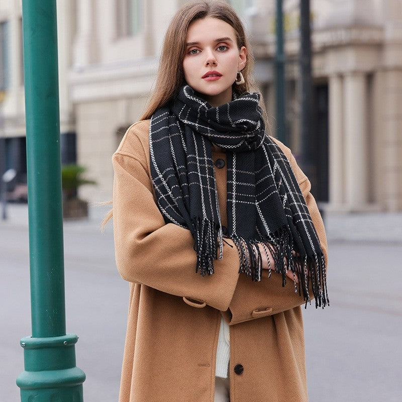 Contrast Color Plaid Tassel Thickened Dourble-Side Warm Shawl Scarf