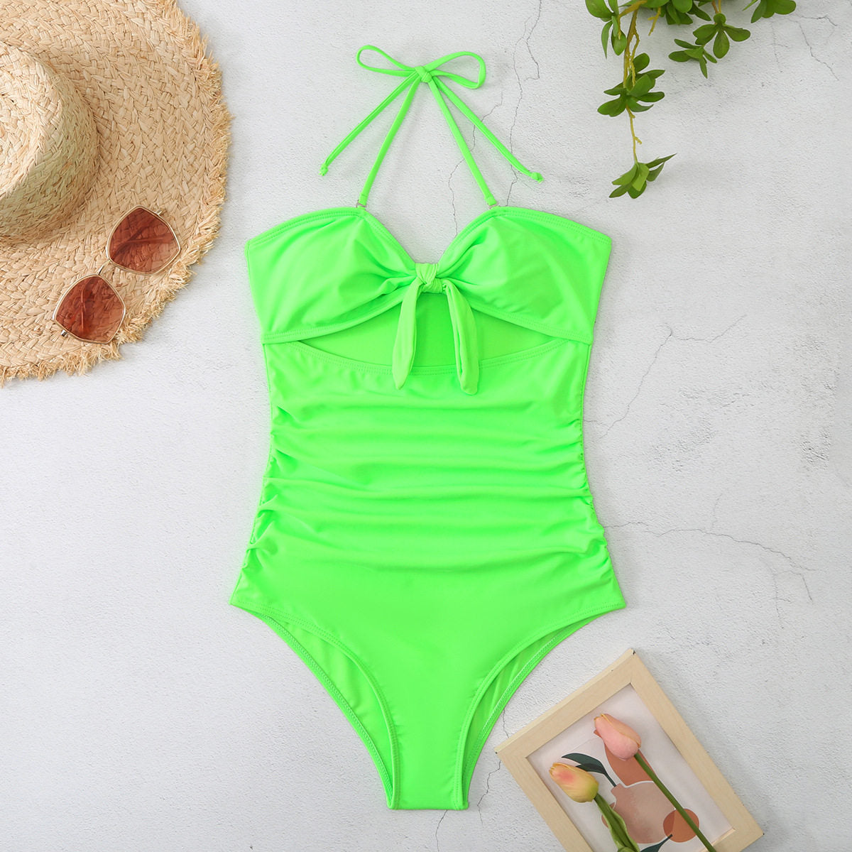 Women's Solid Color One-Piece Swimsuit With Front Knot