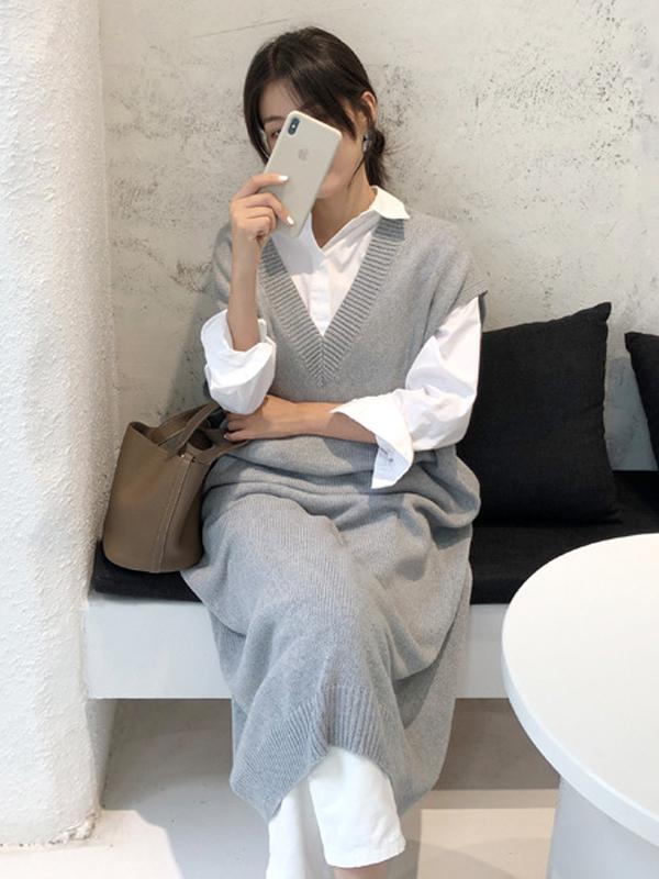 Meselling99 Knitting Loose V-Neck Sleeveless Long Dress-Maxi Dress-GRAY-FREE SIZE-Free Shipping at meselling99