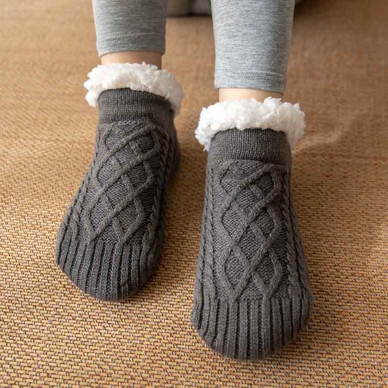 Adults Solid Color Knitted Fleece Lining Thick Warm Non-Slip Indoor Socks