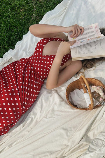 Red Polka Dot V-Neck Halter Backless Maxi Dress