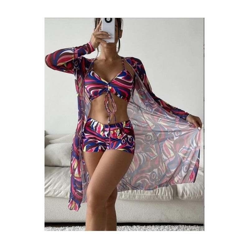 High Waist Long Sleeve Bikini Set With Cover Up And Drawstring Bottoms