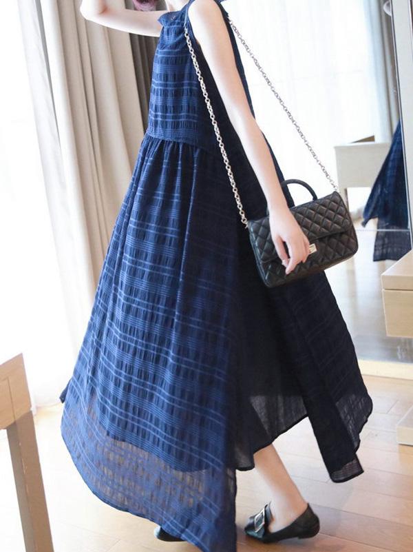 Meselling99 Original Solid Plaid Sleeveless Dress-Maxi Dress-BLUE-FREE SIZE-Free Shipping at meselling99