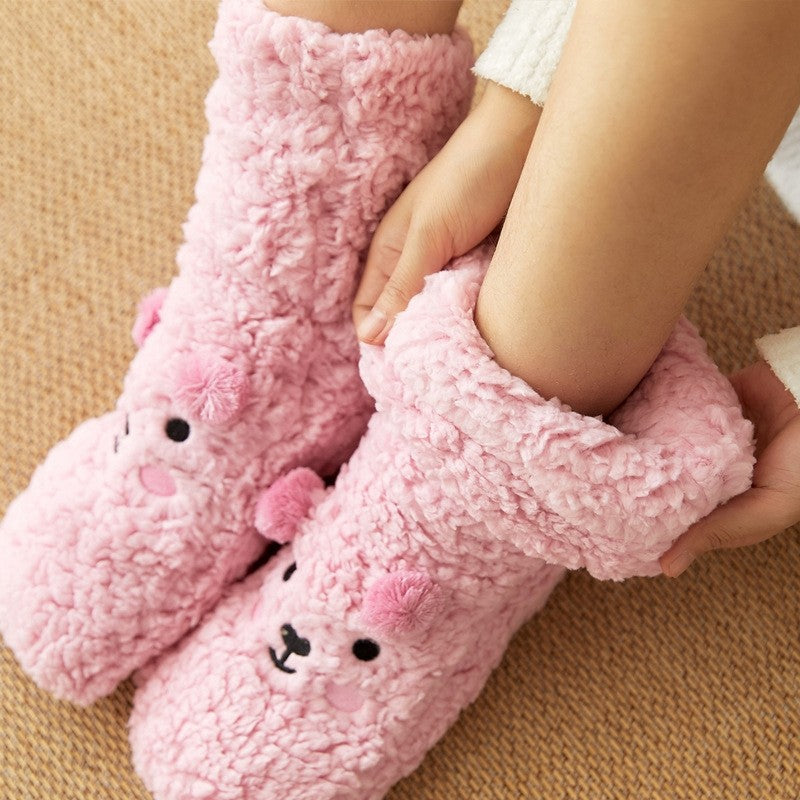 Adults Cute Cartoon Bear Coral Fleece Thick Warm Homewear Socks