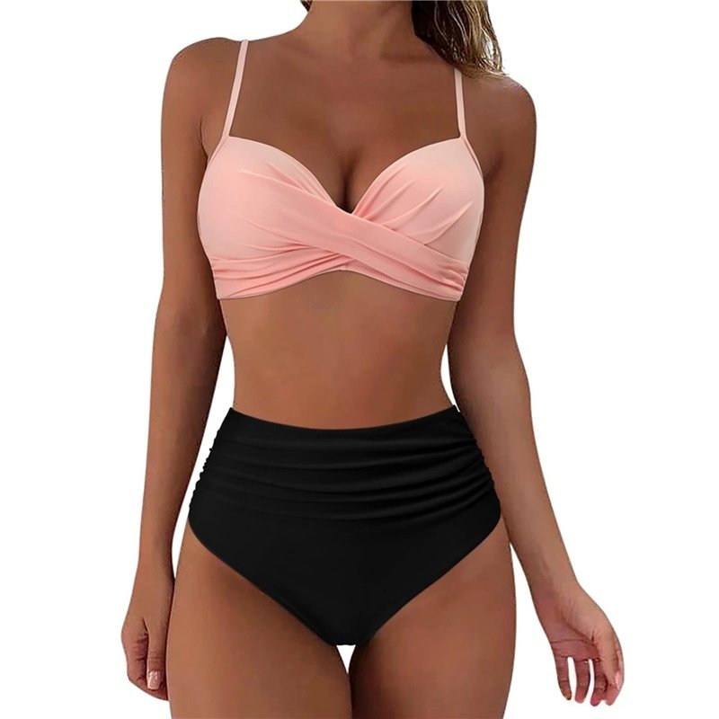Cross-Back Bikini High-Waist Swimsuit Solid Color