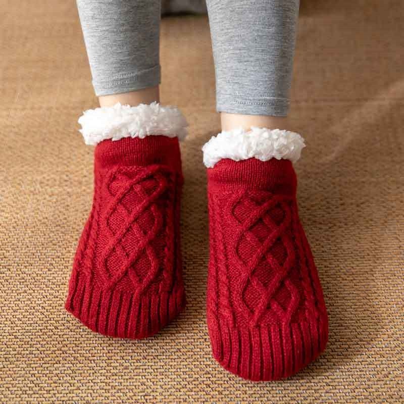 Adults Solid Color Knitted Fleece Lining Thick Warm Non-Slip Indoor Socks