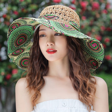 Sun Hat With Printed Patchwork Straw Design