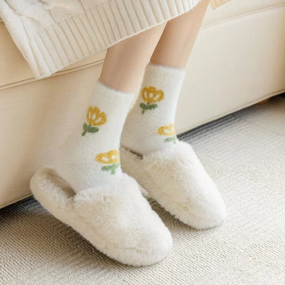 Cute Floral Printed Coral Fleece Thickened Warm Socks
