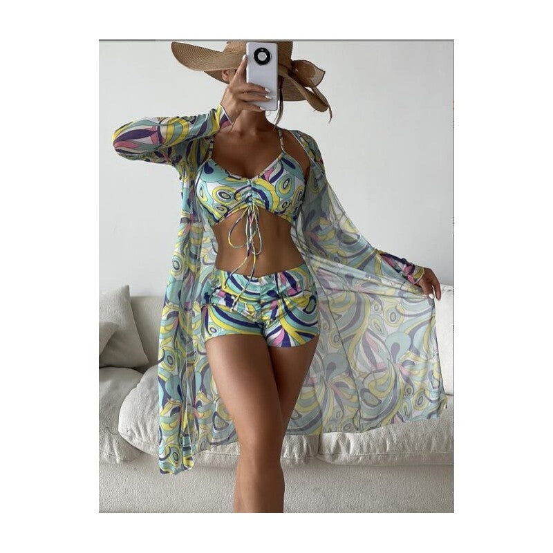 High Waist Long Sleeve Bikini Set With Cover Up And Drawstring Bottoms