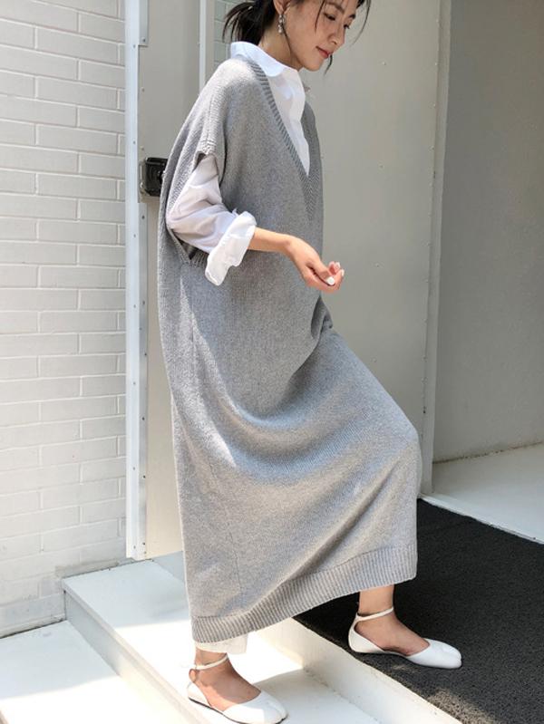 Meselling99 Knitting Loose V-Neck Sleeveless Long Dress-Maxi Dress-GRAY-FREE SIZE-Free Shipping at meselling99