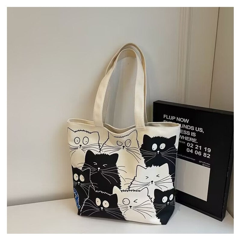Large Capacity Canvas Shoulder Bag With Cute Cartoon Print