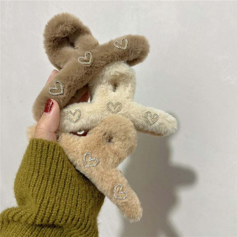 Rhinestone Heart Furry Hair Claw Clip