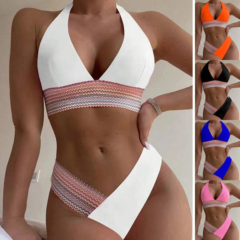 Sexy High-Waist Bikini Set With Lace-Up Splicing, Multi-Color