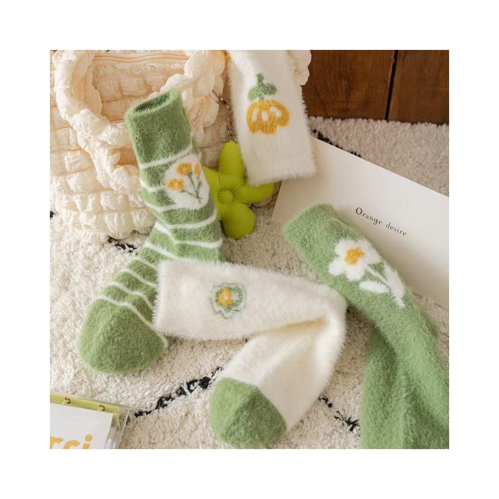 Cute Floral Printed Coral Fleece Thickened Warm Socks