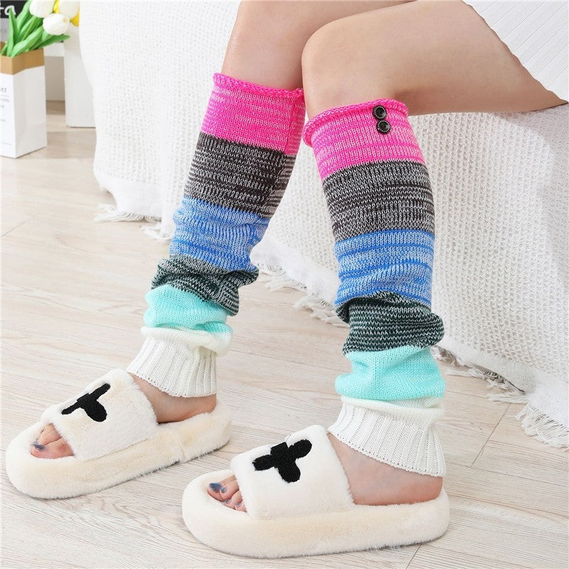 Knitted Over-The-Knee Socks With Striped Buttoned Cuffs