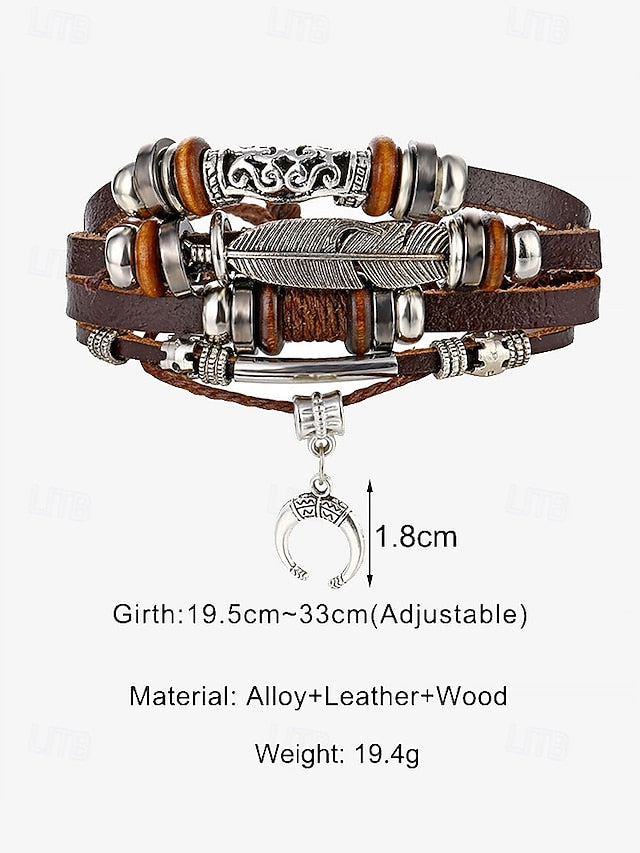 Men's Boho Multi-Layer Leather Bracelet with Feather