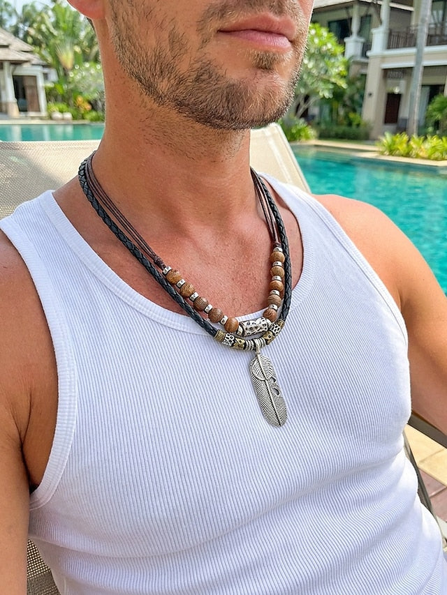 Men's Vintage Feather Pendant Necklace with Turquoise Beads