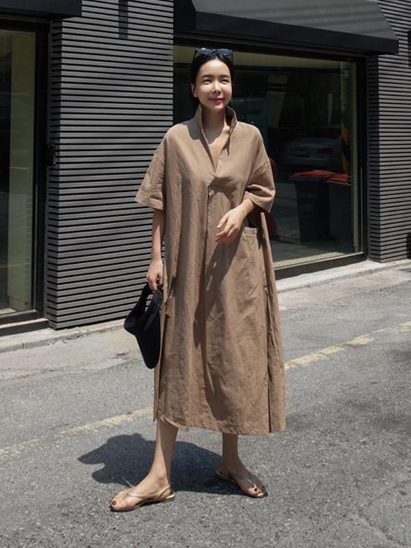 Casual Cozy V-Neck Cotton Split-Side Short Sleeves Long Dress-Maxi Dresses-Free Shipping at meselling99