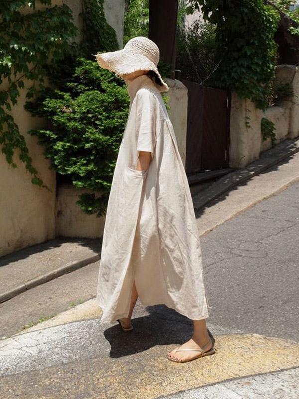 Casual Cozy V-Neck Cotton Split-Side Short Sleeves Long Dress-Maxi Dresses-Free Shipping at meselling99