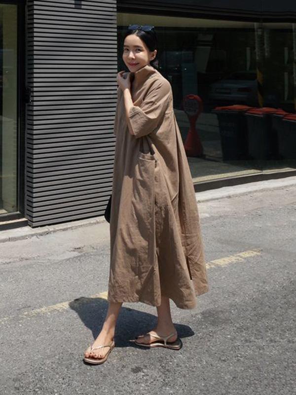 Casual Cozy V-Neck Cotton Split-Side Short Sleeves Long Dress-Maxi Dresses-Free Shipping at meselling99