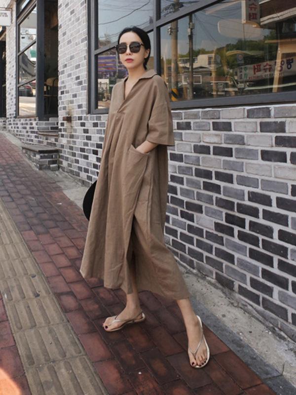 Casual Cozy V-Neck Cotton Split-Side Short Sleeves Long Dress-Maxi Dresses-Free Shipping at meselling99