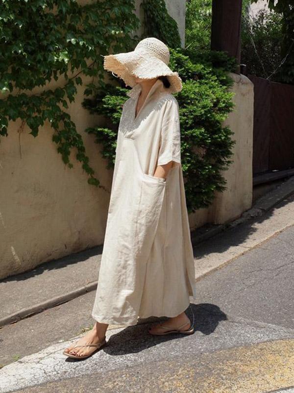 Casual Cozy V-Neck Cotton Split-Side Short Sleeves Long Dress-Maxi Dresses-Free Shipping at meselling99