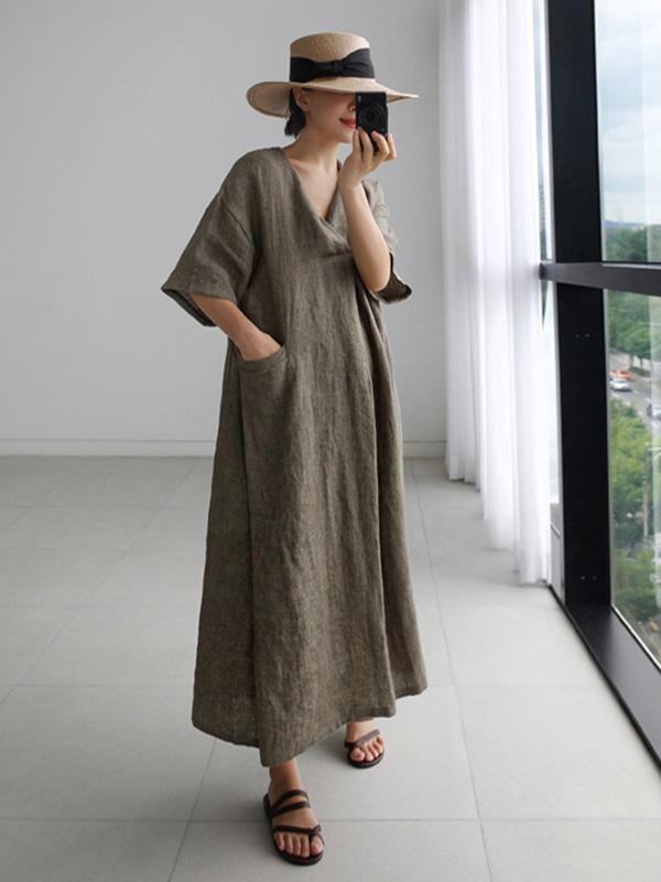 Casual Cozy V-Neck Cotton Split-Side Short Sleeves Long Dress-Maxi Dresses-Free Shipping at meselling99