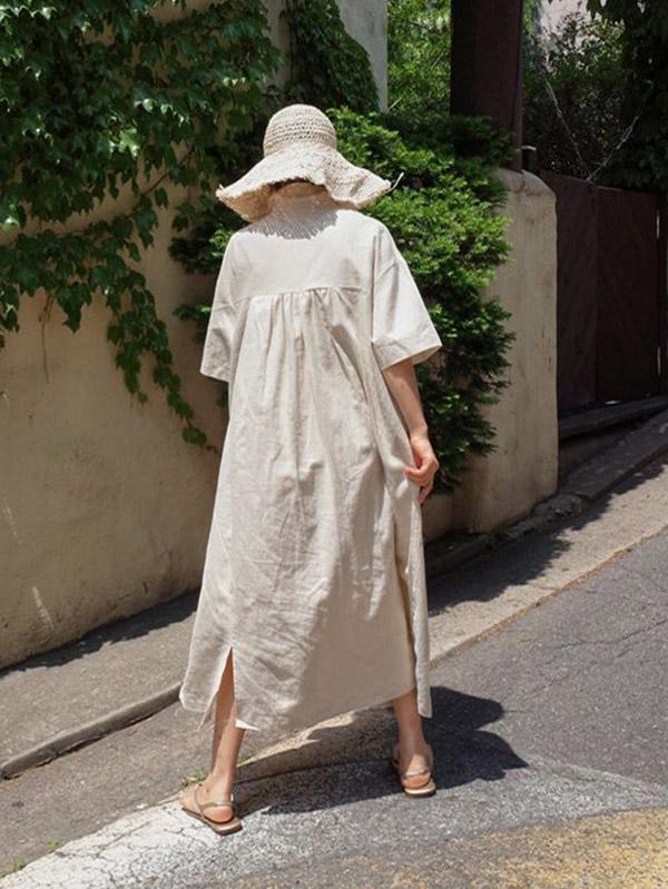 Casual Cozy V-Neck Cotton Split-Side Short Sleeves Long Dress-Maxi Dresses-Free Shipping at meselling99