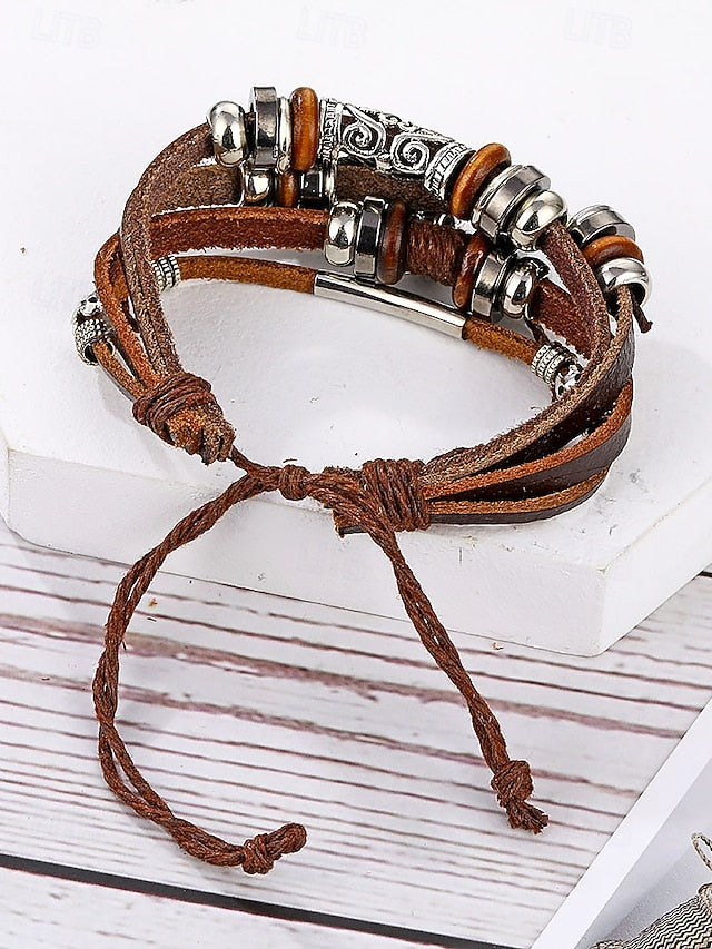 Men's Boho Multi-Layer Leather Bracelet with Feather