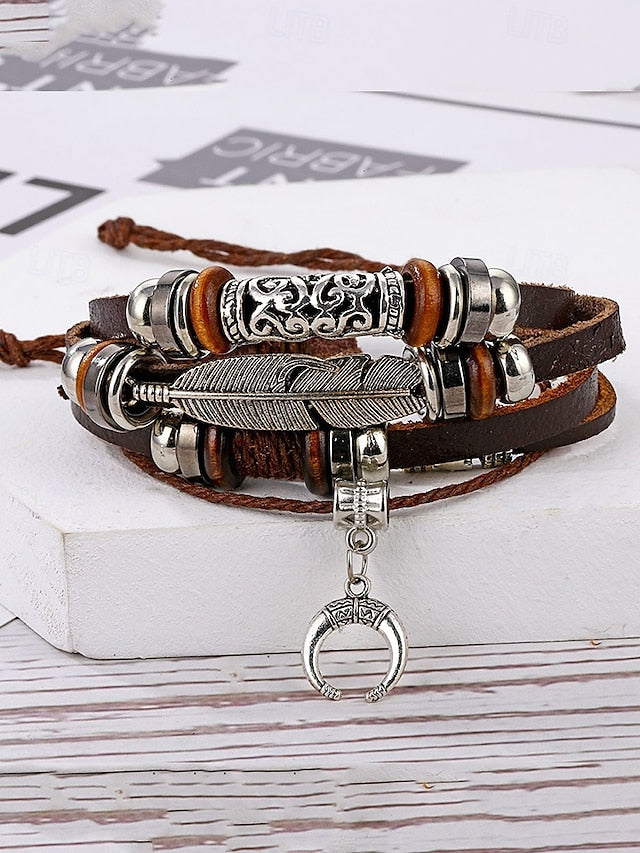 Men's Boho Multi-Layer Leather Bracelet with Feather