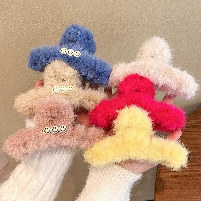 Smiley Faux Fur Hair Claw Clip