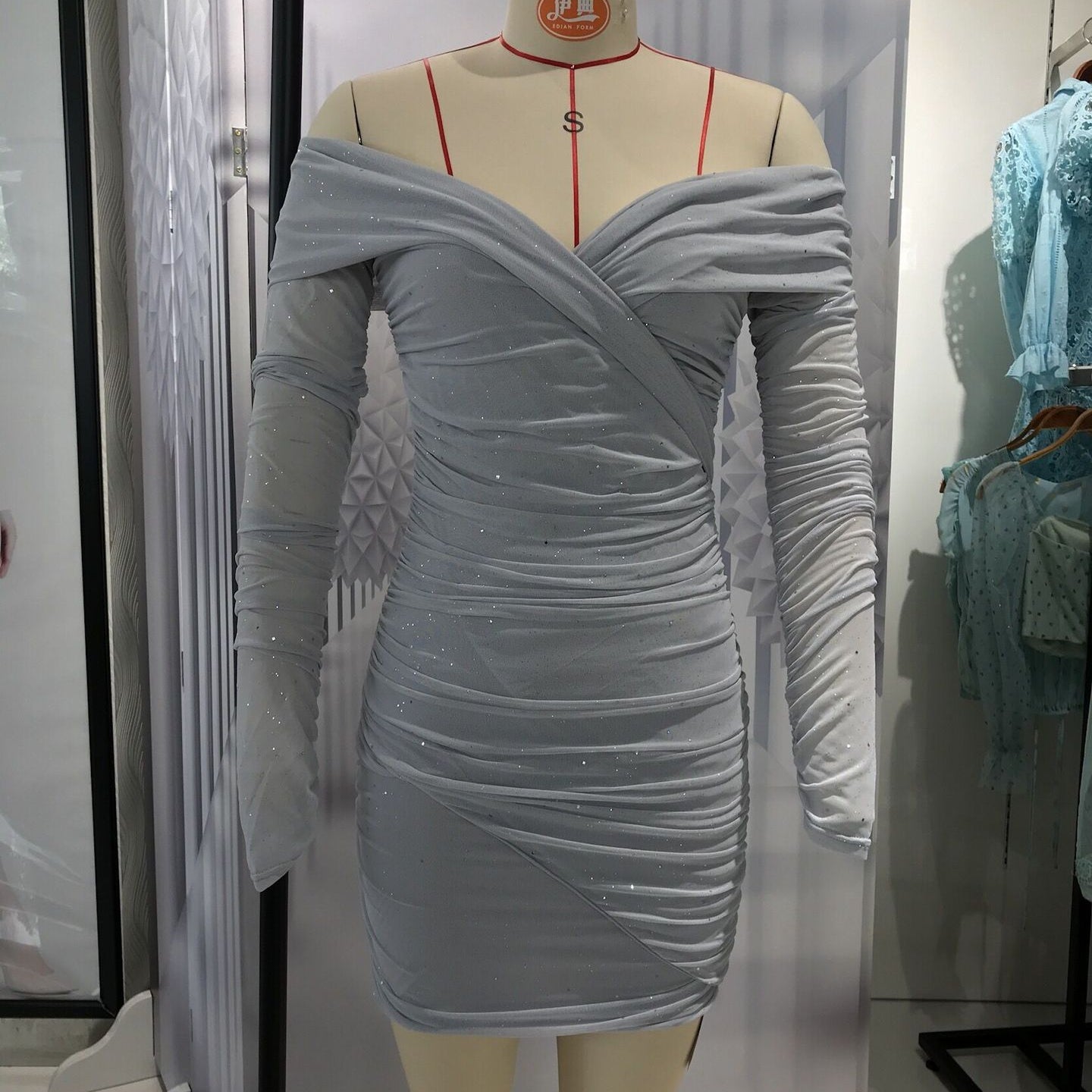 Sexy Off The Shoulder Long Sleeves Mini Party Dresses-Dresses-Light Gray-XS-Free Shipping at meselling99