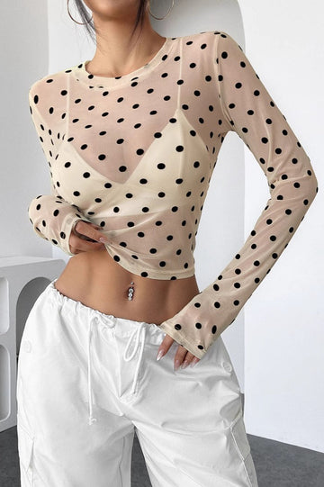 Polka Dot Mesh Slim Fit Long Sleeve Crop Top