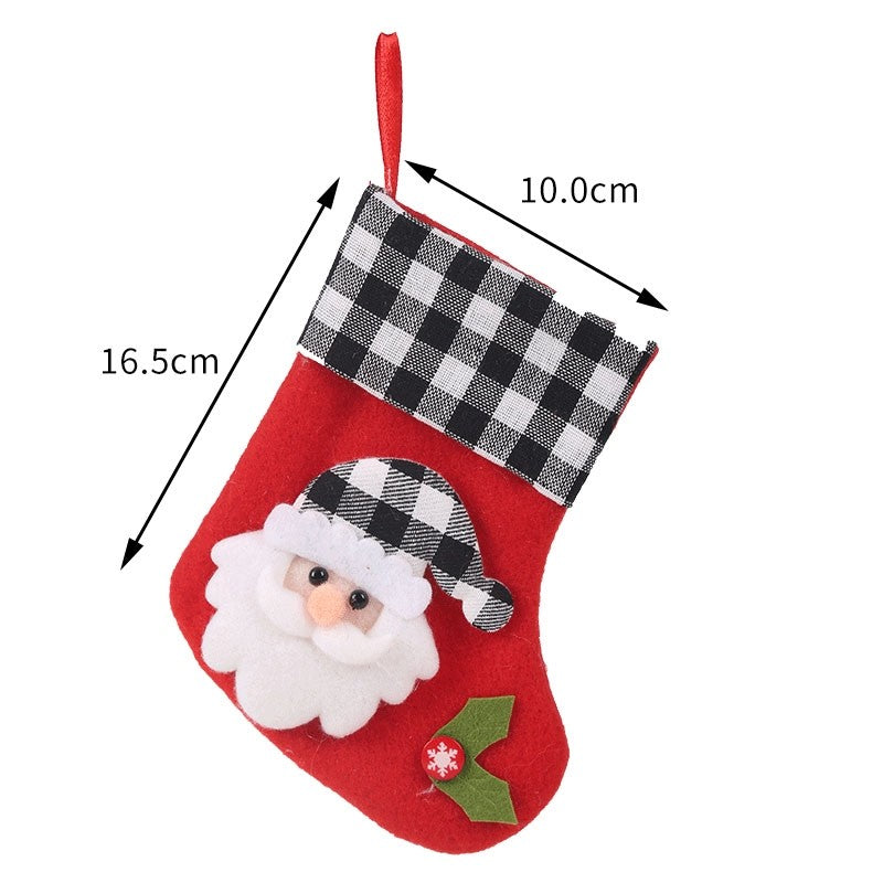 Black White Plaid Cute Cartoon Patchwork Christmas Sock Gift Bag