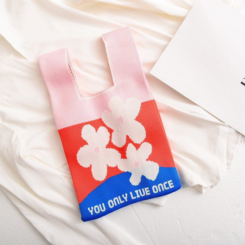 Contrast Color Cute Knitted Handbag Reusable Bag