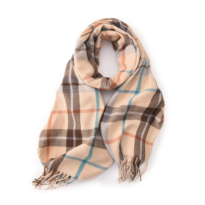 Contrast Color Plaid Tassel Thick Dourble-Side Warm Shawl Scarf