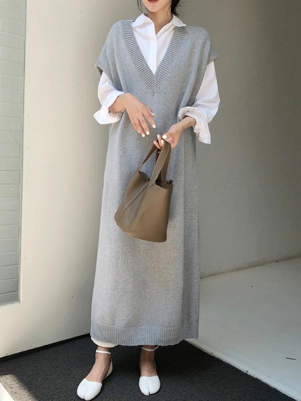Meselling99 Knitting Loose V-Neck Sleeveless Long Dress-Maxi Dress-GRAY-FREE SIZE-Free Shipping at meselling99