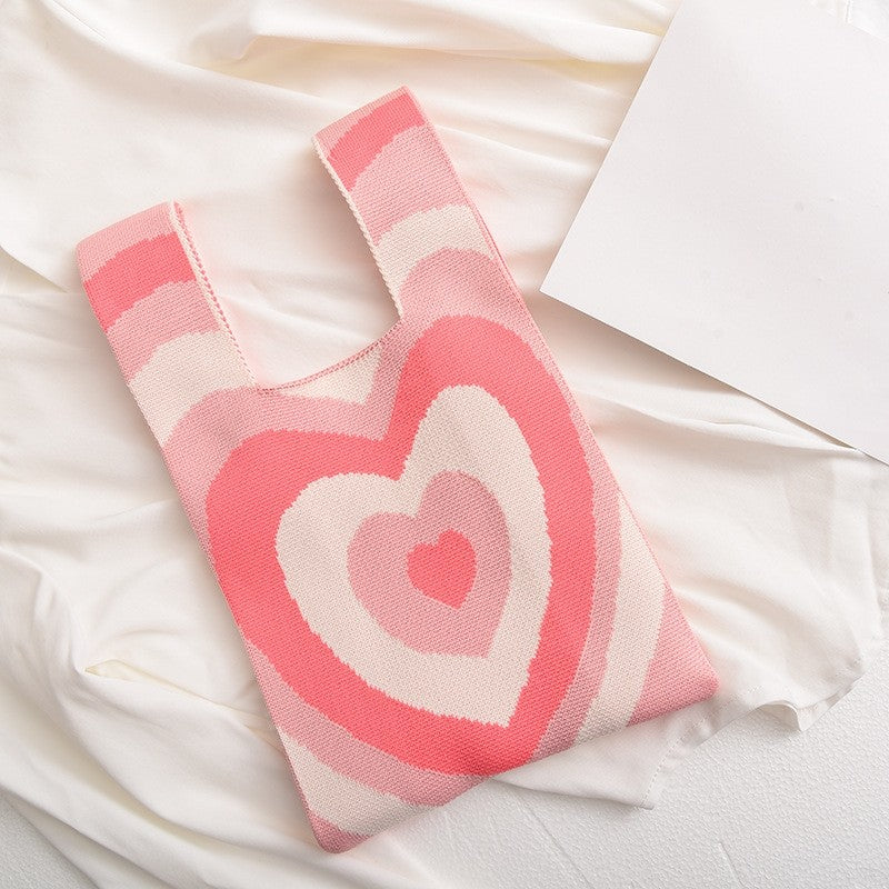 Contrast Color Heart Pattern Knitted Handbag Reusable Bag