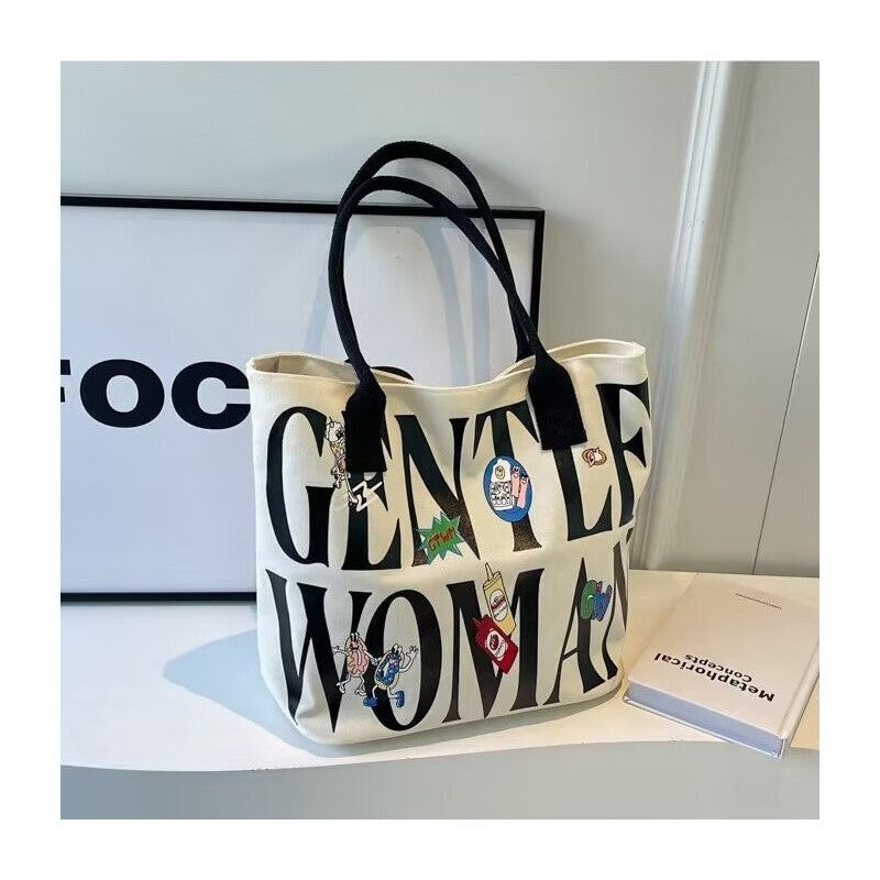 Large Capacity Canvas Shoulder Bag With Cute Cartoon Print