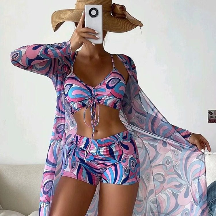High Waist Long Sleeve Bikini Set With Cover Up And Drawstring Bottoms