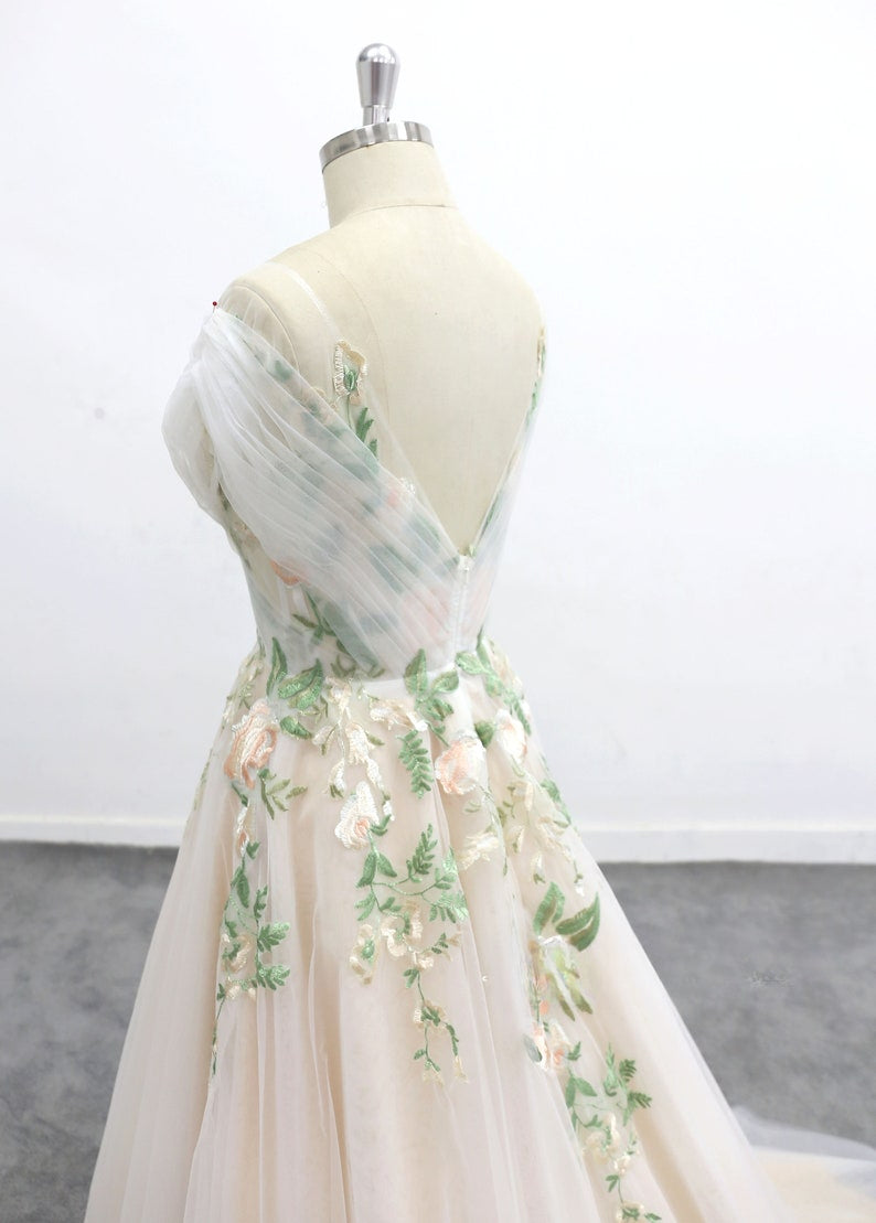 Forest Fairy Green Flower Tulle Wedding Dresses