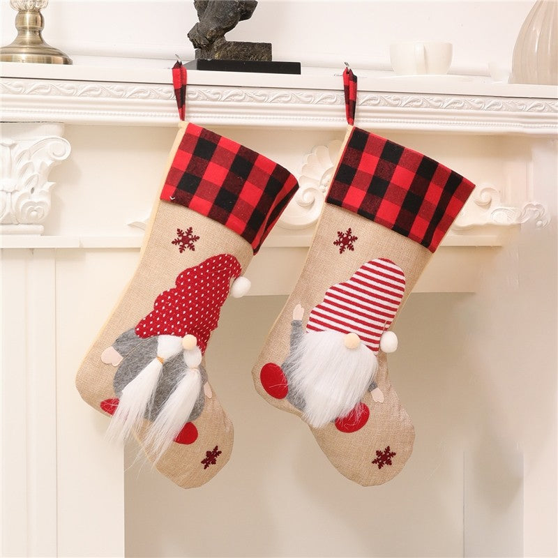 Linen Rudolph Plaid Sock Gift Bag Christmas Decoration